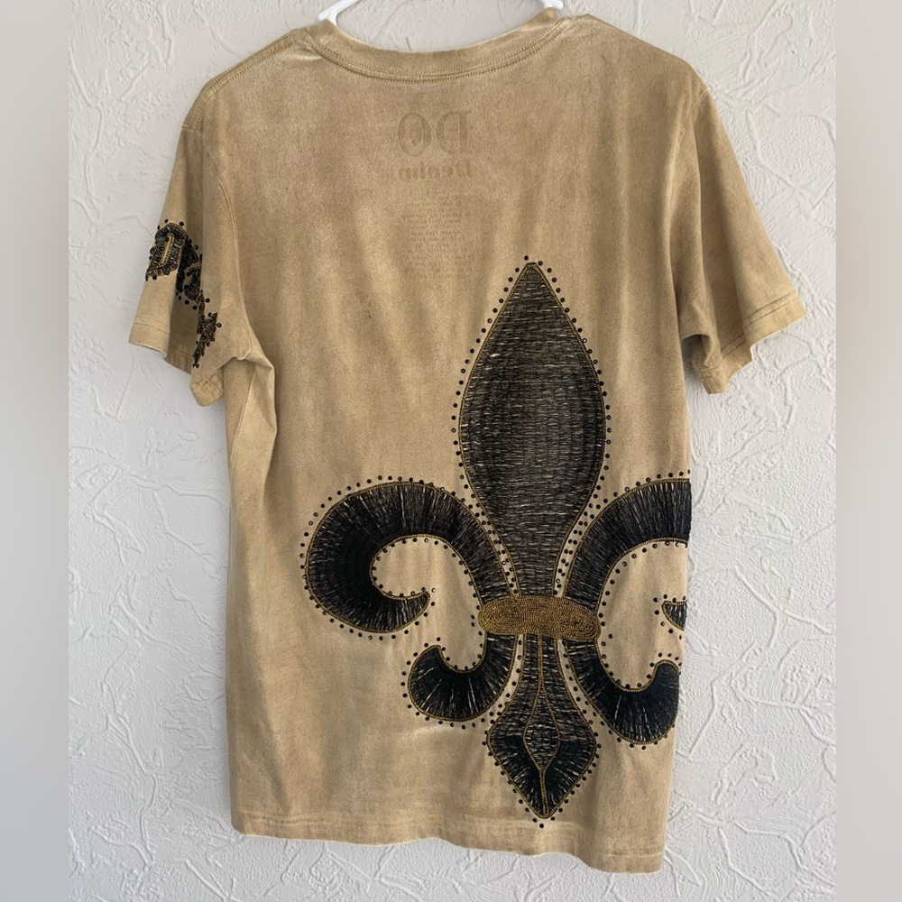 MENS DO DENIM EMBROIDERED STUDDED TAN TEE SHIRT SIZE SMALL NICE